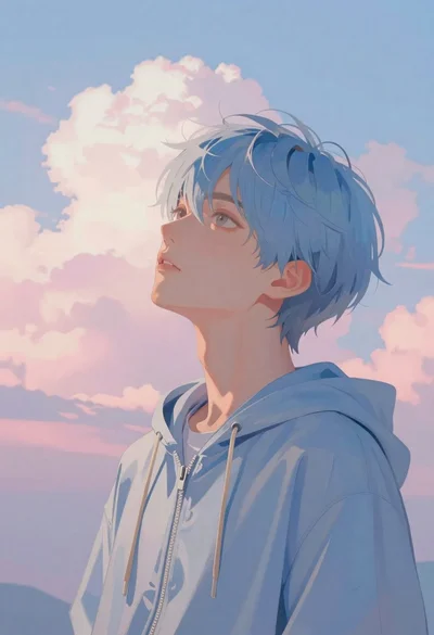 Young person with blue hair looking at pastel sky