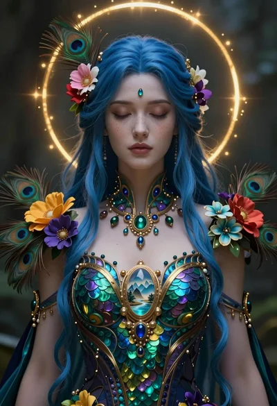 Close up portrait of serene woman with blue hair in fantasy attire