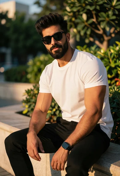 Muscular man in white tshirt sitting on stone ledge outdoors at golden