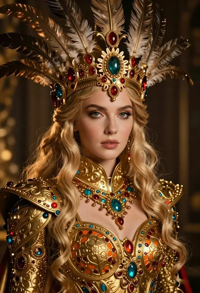 Fantasy portrait of regal woman in ornate golden armor