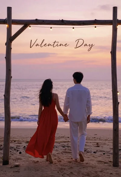Couple holding hands walking away on sandy beach at sunset