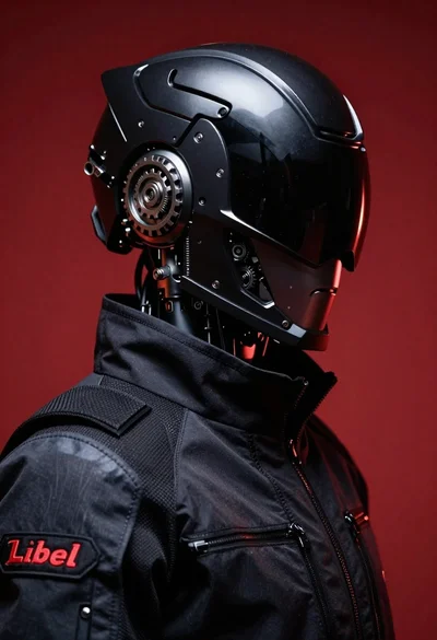Black helmeted robot against a solid red background