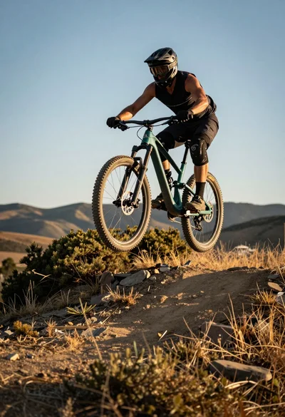 Mountain biker airborne mid jump over rugged trail under golden sunlight