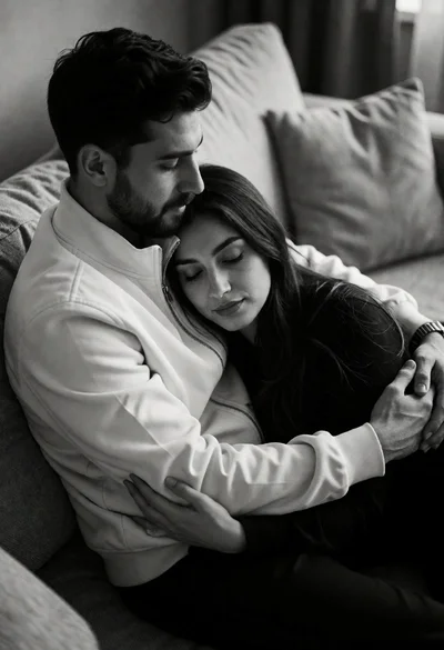 Black and white photograph of embracing couple seated on textured sofa