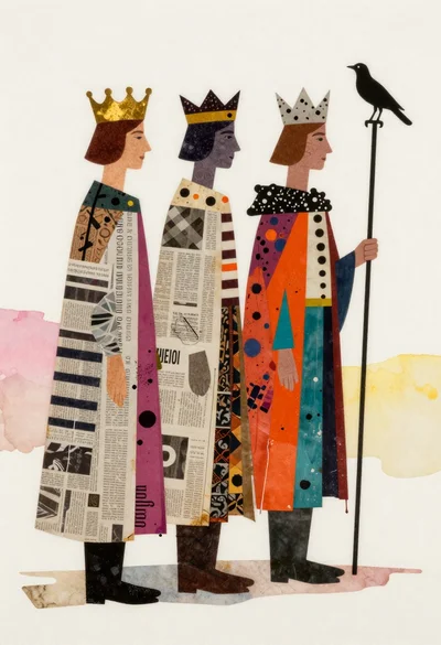 Three stylized kings collage artwork on offwhite background