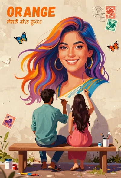 Couple sitting on bench painting colorful mural of woman on wall