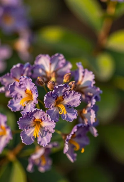 Macro shot of purple blossoms with yellow stamens against soft green bokeh