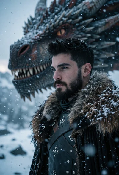 Cinematic portrait of man with dragon head in snowy landscape