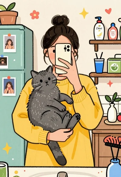 Young woman taking mirror selfie with grey cat in cozy bathroom