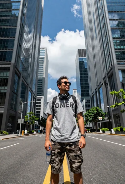 Young man in city street between glass skyscrapers