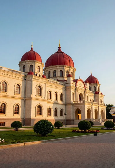 Majestic palace complex architecture with red domes and golden spires at sunset