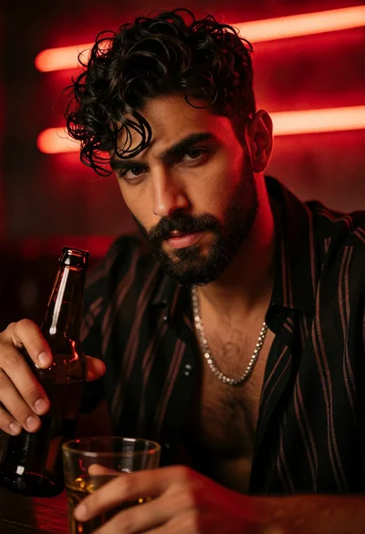 Close up portrait of man with beard holding bottle in red neon