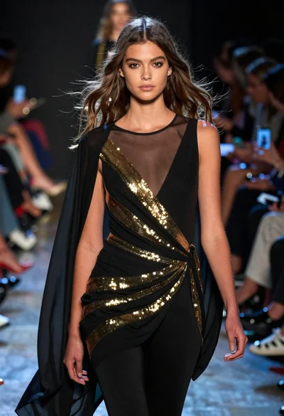 Fashion model walking on runway under dramatic spotlight