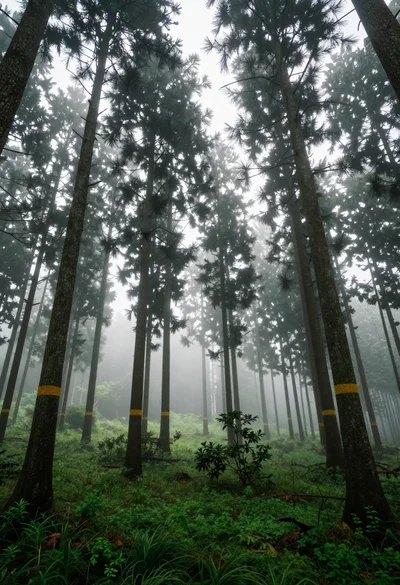 Low angle view of tall coniferous trees in a misty forest setting