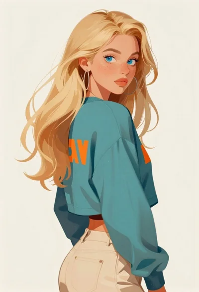 Digital portrait of blonde woman looking over shoulder