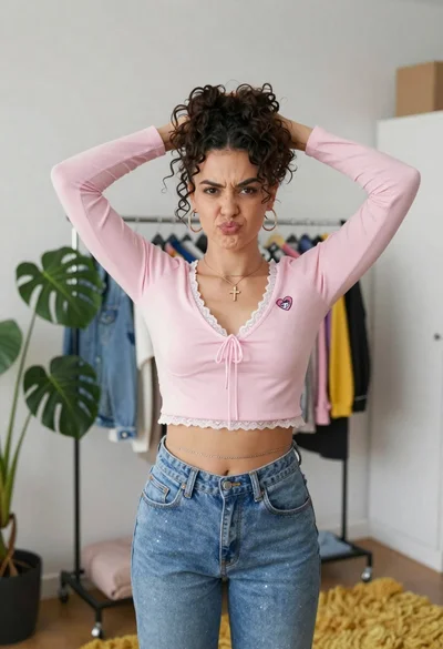 Young woman in pink crop top and denim jeans posing in bedroom