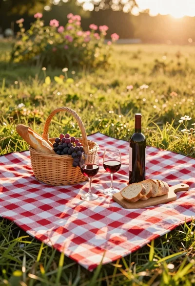 Picnic setting on green grass at golden hour