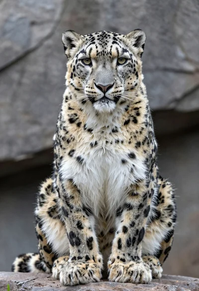 Majestic snow leopard sitting on rocks gazing forward in mountainous habitat