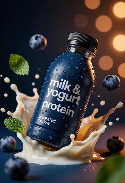 Photorealistic mockup of blue bottle suspended in creamy liquid splash