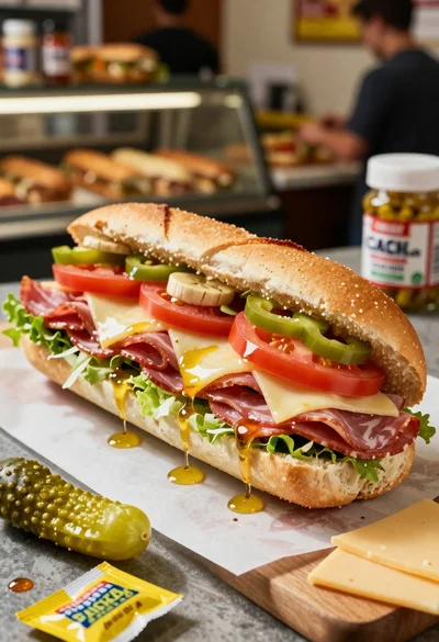 Close up of layered italian hoagie sandwich on butcher paper
