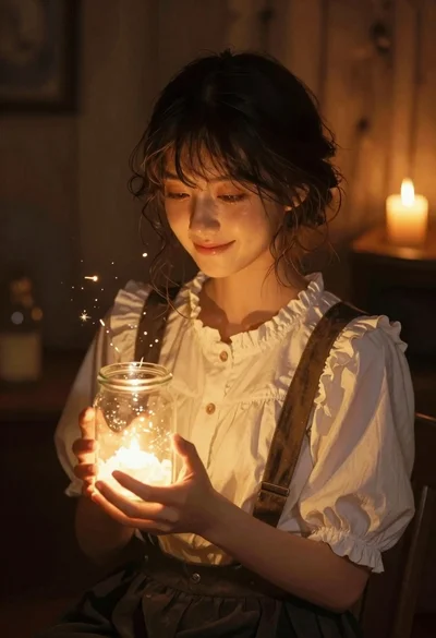 Young woman holding glowing jar in dim wooden room