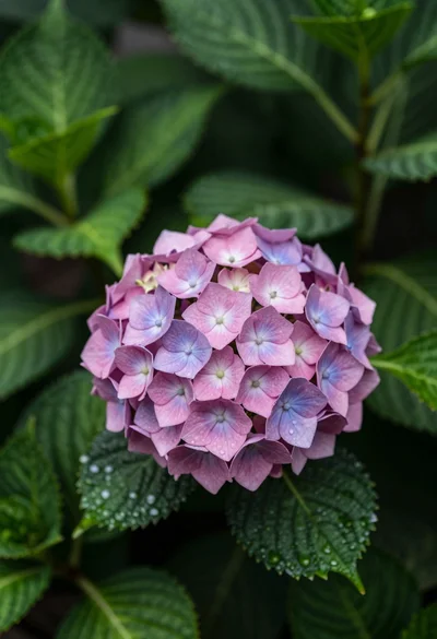 Close up of lush pink hydrangea flower surrounded by vibrant green leaves