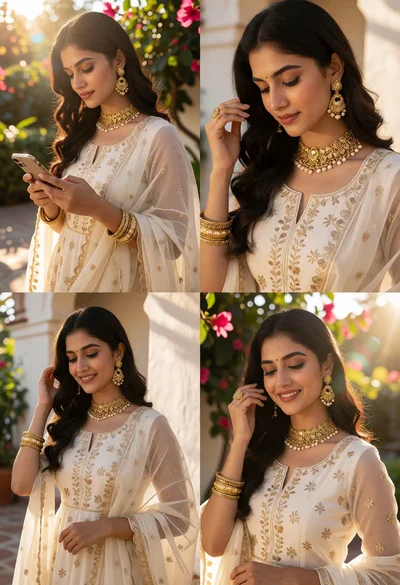 Woman in traditional indian attire with gold jewelry against white architecture