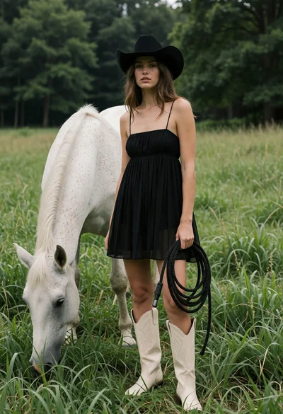 Woman in black dress stands near white horse grazing in lush green