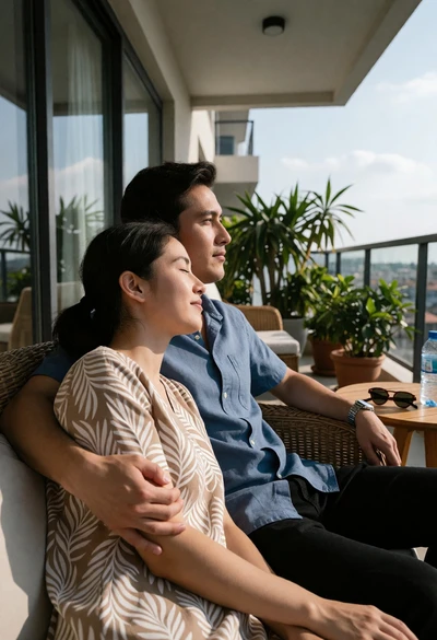 Couple relaxing on a balcony sofa overlooking distant buildings during daylight