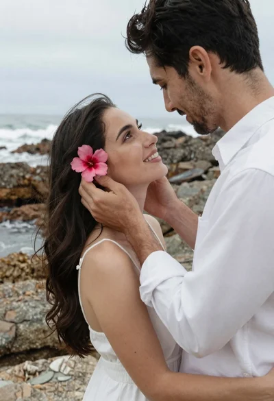 Couple embracing on rocky coastline with pink flower behind ear