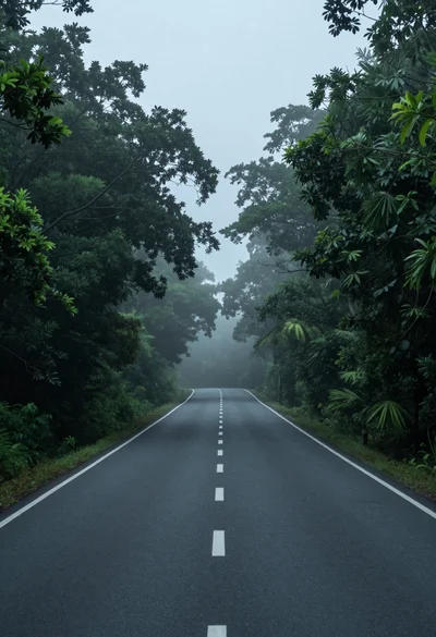 Winding asphalt road disappearing into dense misty forest under overcast sky