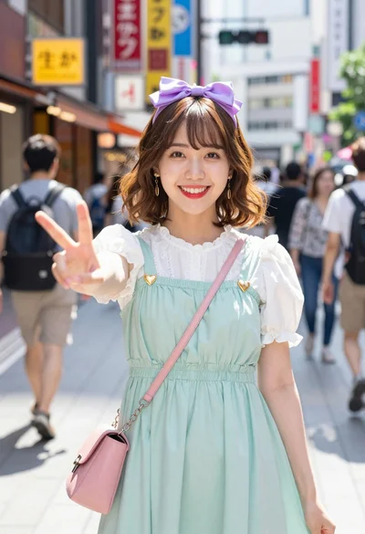 Smiling woman on a busy japanese city street