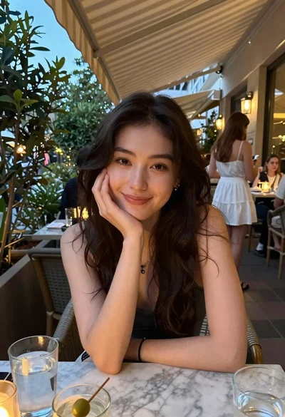 Young woman smiling at camera outdoors at restaurant patio setting