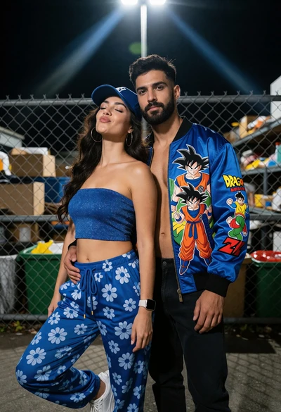 Couple posing near chain link fence at night under bright floodlights