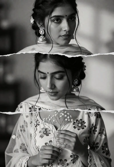 Triptych portrait of young woman with dark hair in traditional attire