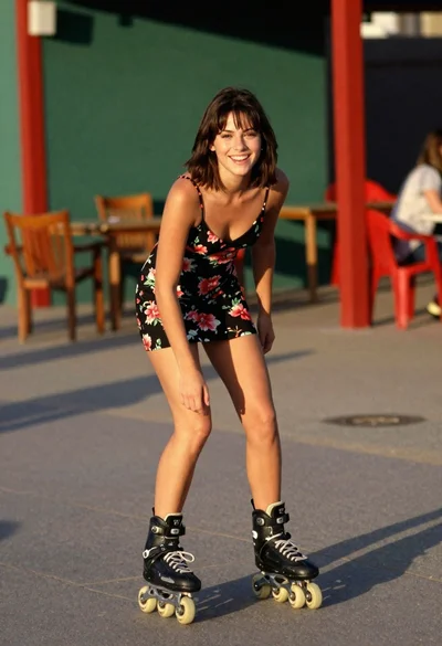 Young woman rollerblading outdoors in black floral slip dress at golden hour