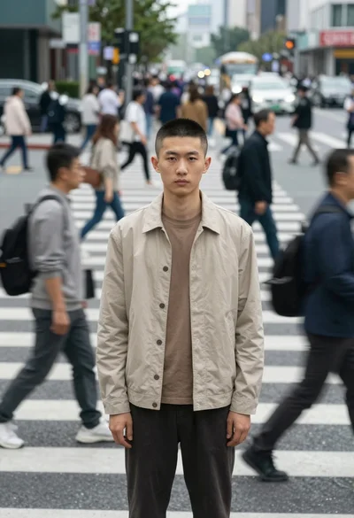 Young east asian man standing still in busy motion blurred city crosswalk