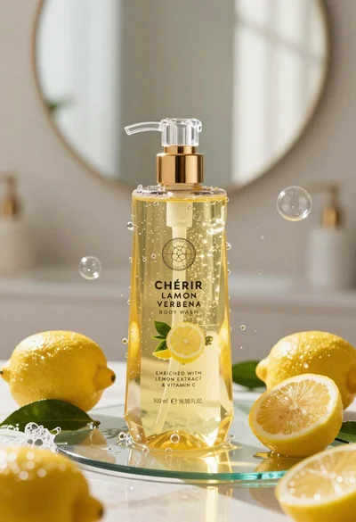 Luxurious golden yellow body wash bottle with crystal pump surrounded by fresh
