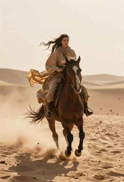 Woman riding a horse through a dusty desert storm