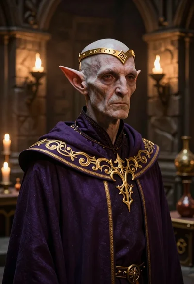 Stern elf figure in purple robe within dimly lit ancient stone chamber