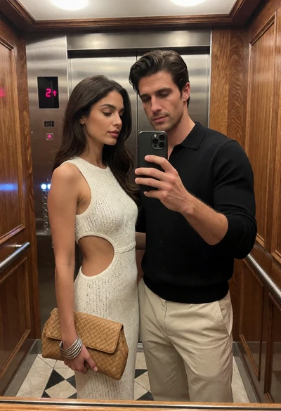 Couple taking mirror selfie inside an elevator with wood paneling walls