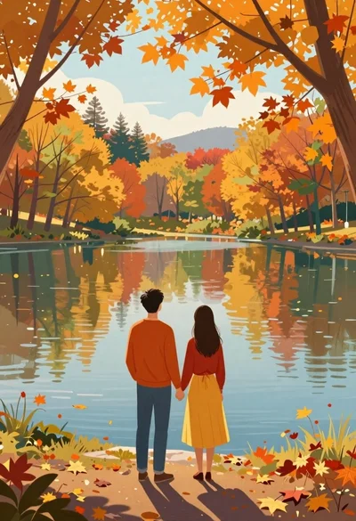 Couple looking at calm lake during autumn