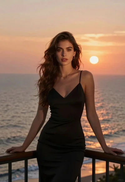 Woman in black dress on balcony overlooking sunset ocean