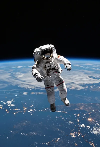 Astronaut floating above glowing blue planet from wide angle perspective