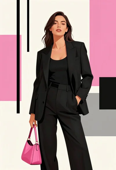 Poised woman in black tailored outfit against pink geometric background