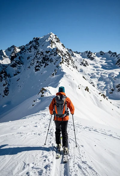 Lone skier ascending snowy mountain ridge under bright blue sky