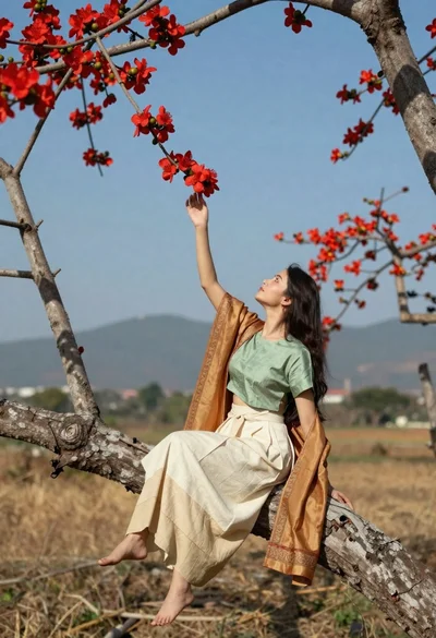Woman in traditional attire reaching for red flowers on a tree branch
