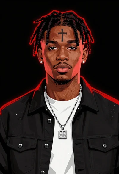 Young black man with dreadlocks and cross tattoo in graphic illustration style