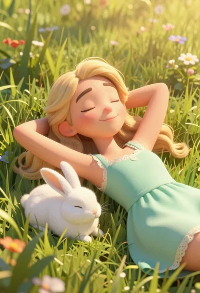 Woman resting in meadow with white rabbit at golden hour