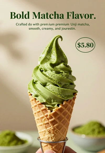 Close up shot of matcha soft serve ice cream in waffle cone
